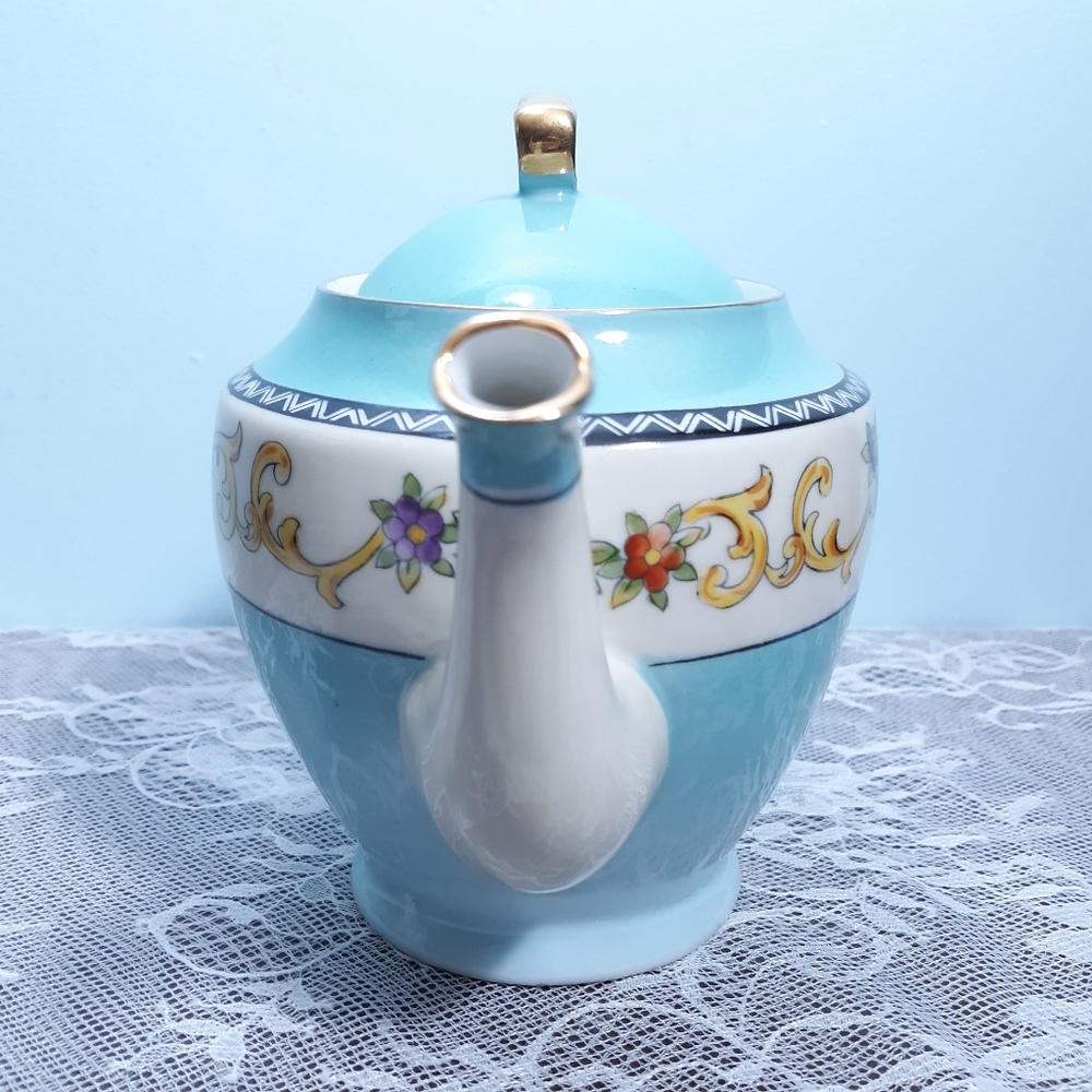 Antique Ca 1920 Noritake Teapot Turquoise Blue Floral Roses White Gold Vintage - Picture 6 of 13
